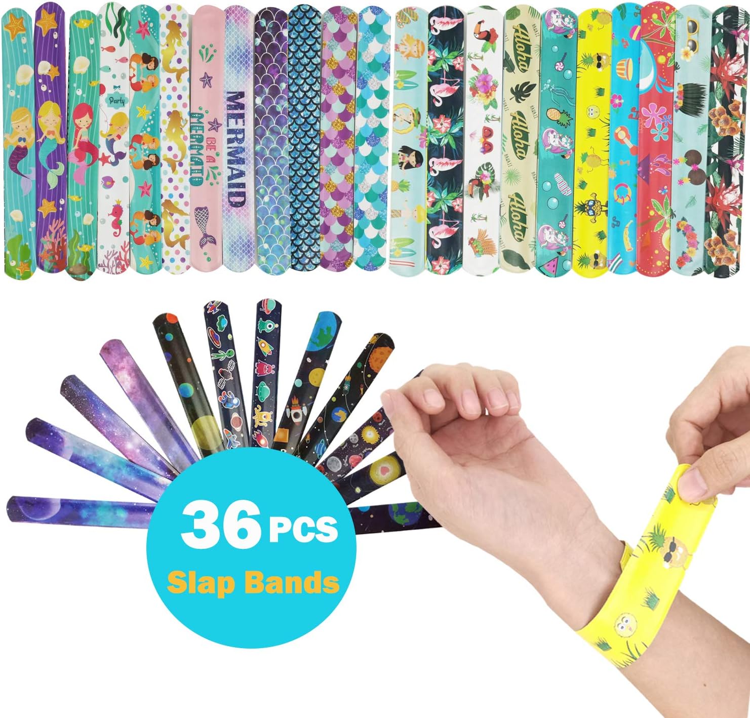 ENJSD Slap Bracelets 36PCS, Birthday Party Favors Slap Bands with Space Mermaid Hawaii Theme, Party Carnival Wrist Strap for Adults and Kids