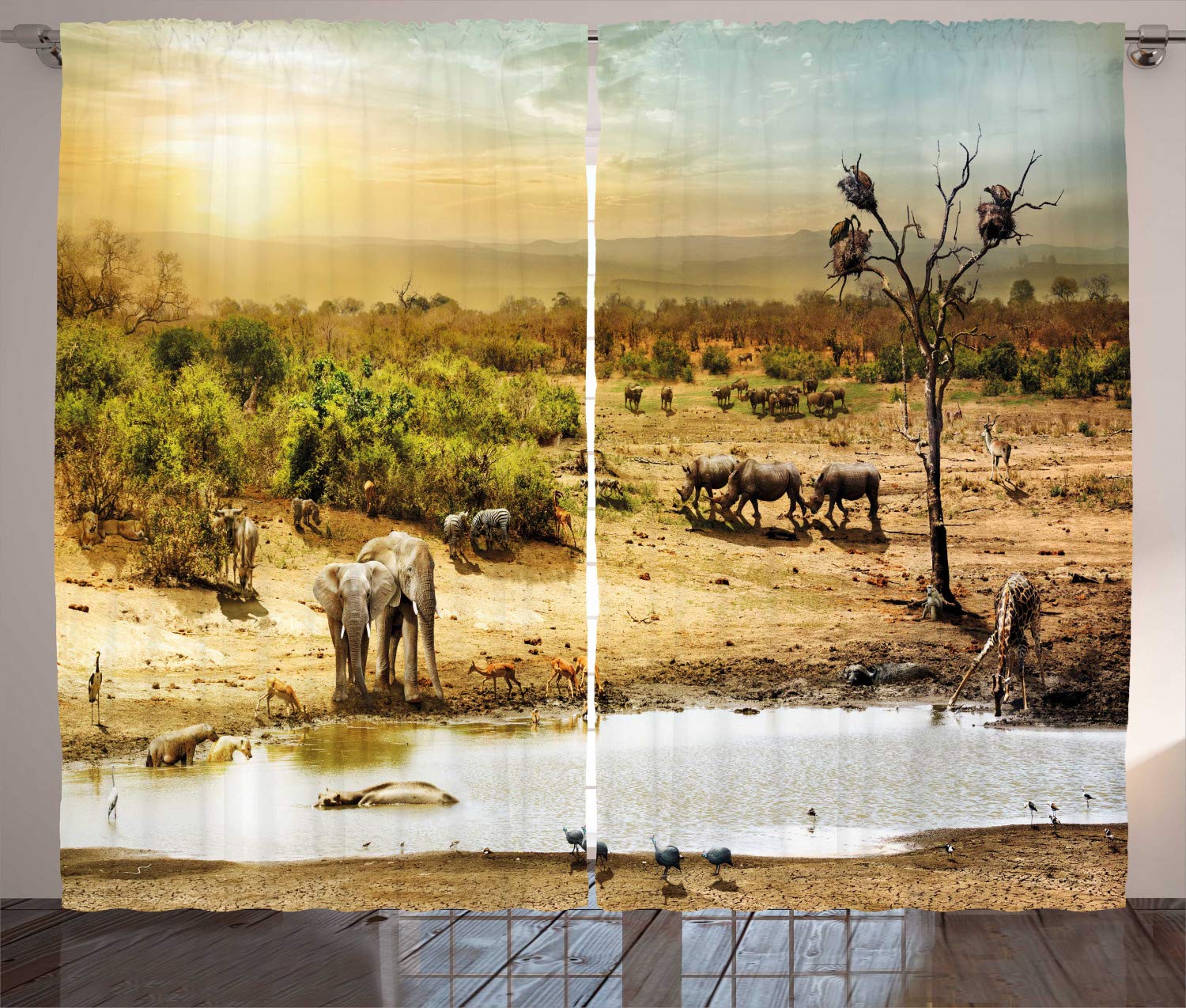 ABAKUHAUS Giraffe Curtains, South African Safari Wildlife Animals on Deserted Nature Sunset Scenery Photo Print, Living Room Bedroom Window Drapes 2 Panel Set, 69 L X 110 W, Multicolor