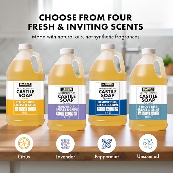 HARRIS MULTI-PURPOSE PURE LIQUID CASTILE SOAP FOR HOME CLEANING, MULTI-PURPOSE CLEANER, FOR DISH SOAP, LAUNDRY DETERGENT, KITCHEN AND BATHROOM SURFACES, KIDS ROOMS, SCENTED WITH PEPPERMINT OIL, 64 OZ
