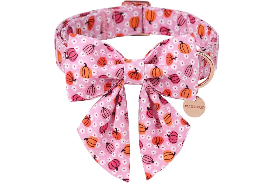 UP URARA PUP Halloween Pumpkin Dog Collar with Bow Tie, Pink Halloween Puppy Bowtie Collar with Adjustable Metal Buckle,Fancy Dog Collar Bowtie for Girl Boy Dog,L