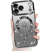 Bonoma Compatible with iPhone 17 Pro Case 2025 Support for MagSafe, Plating Heart Glitter Magnetic Case TPU Camera Protection Back Cover for Phone Case -Black