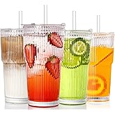 SIPBYSOP 4PCS Ribbed Glass Cups with Lids and Straws, 20oz Vintage Drinking Glasses, Aesthetic Iced Coffee Cups, Glass Tumbler for Boba, Beer, Tea, Cocktails, Ribbed Glassware Set,Clear