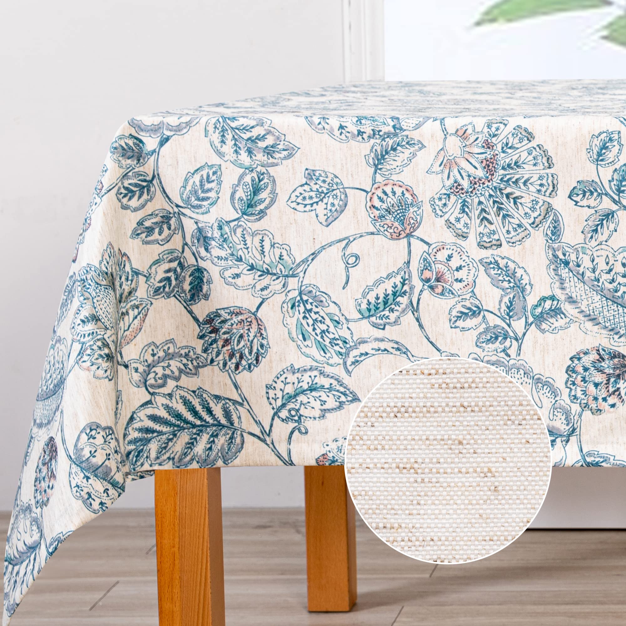 MYSKY HOME 60x120 Rectangle Tablecloth Linen Farmhouse Tablecloth Waterproof Decorative Fabric Table Cloth for Indoor&Outdoor, Spring Floral Tablecloth for 8 Feet Table, Blue, Washable Image