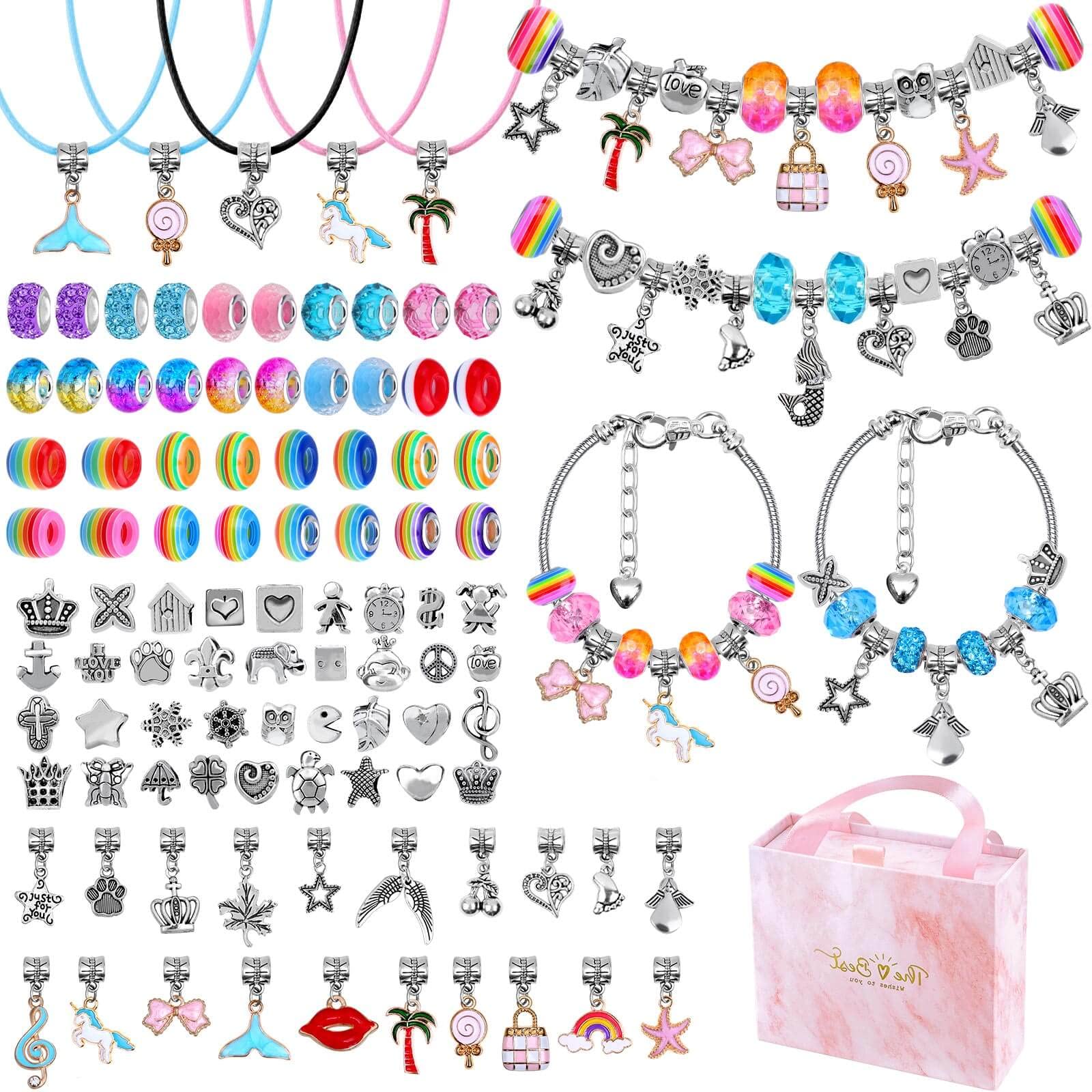 Caffox 102 Pcs Charms Bracelet Making Kit, Necklace kit for Jewellery Making, DIY Jewellery with Flat Beads, Arts and Crafts Sets as Bracelets for Gift and Christmas