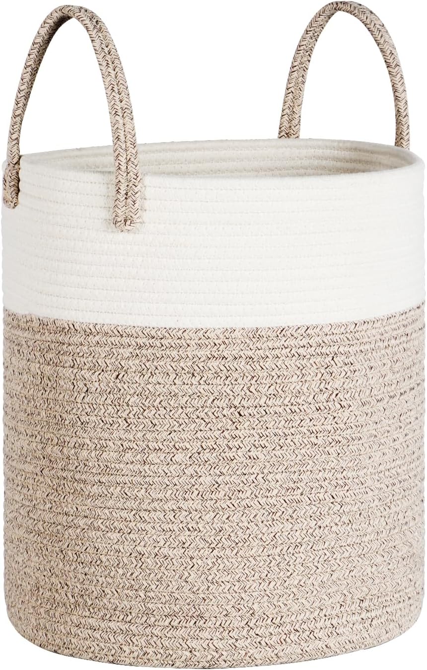 Univivi 40L Laundry Basket Foldable Khaki White Rope Toy Storage Basket