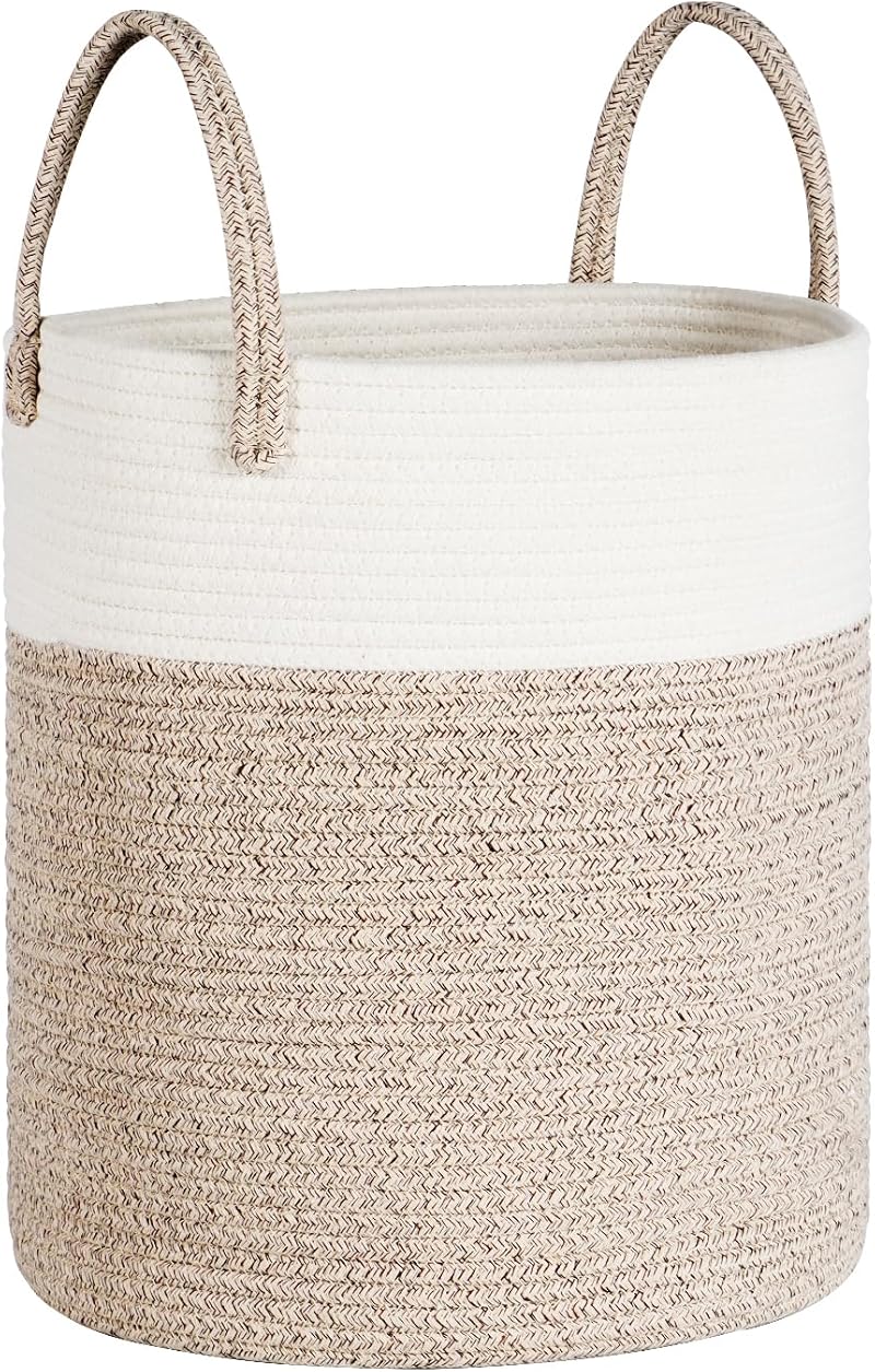 Univivi 40L Laundry Basket Foldable Khaki White Rope Toy Storage Basket