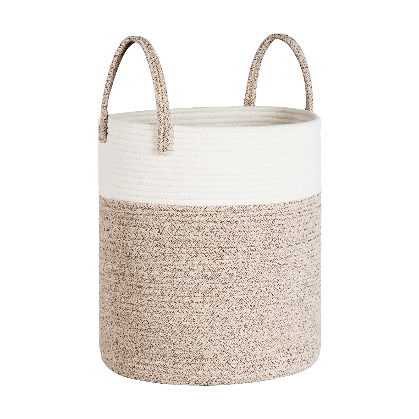 Univivi New Laundry Basket, 40L Foldable Blanket Baskets, Woven Storage Baskets with Sturdy Handle, Large Toy Storage Basket for Kids Baby, Nursery Cotton Rope Basket, Khaki+White (35x40cm)