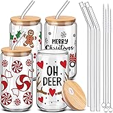 SiliFine 4 Pcs Classic Christmas Glass Cups with Lid and Straw 16 oz Christmas Drinking Glasses Xmas Iced Coffee Cups Can Shape Xmas Mug Tumbler for Women Men Birthday Party Favor Gift
