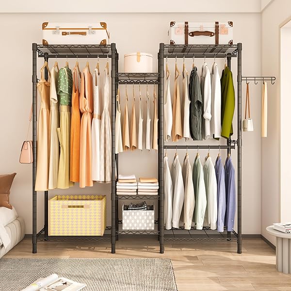EXGLOBOL HEAVY DUTY GARMENT RACK, PORTABLE WARDROBE CLOTHES RACK FREESTANDING ADJUSTABLE CLOTHING RACK WITH 7 TIERS ADJUSTABLE WIRE SHELVING AND 4 HANGER RODS, MAX LOAD 920LBS