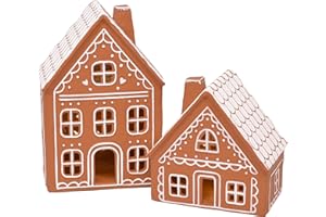 Mark Feldstein & Associates Ceramic Iced Gingerbread Houses Holiday Pre Lit LED Village Figurines, Set of 2, 9 Inch