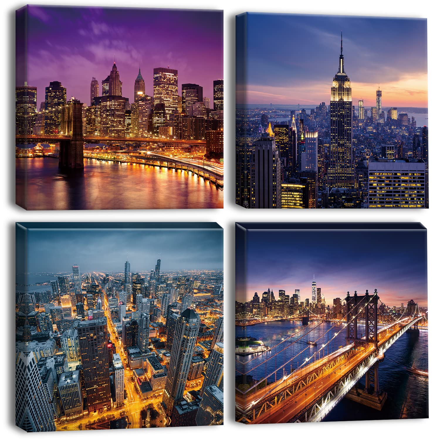 Artscope 4 Pieces Wall Art Canvas Prints - Modern City Night Picture Painting - Modern Wall Artwork Framed for Gifts Bathroom Home Kitchen Office Decor - 30 x 30 CM