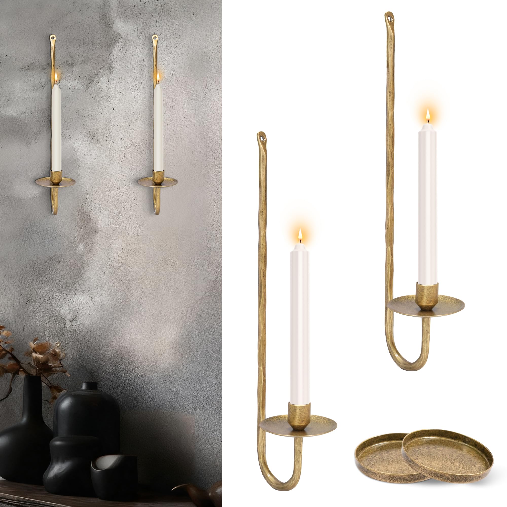 Photo 1 of Wall Candle Sconces Set of 2 Metal Wall Candle Holders Hand-Forged Vintage Gold Solid Steel, Rustic Home Decor for Living Room, Bedroom, Dining Room, Candle Accent