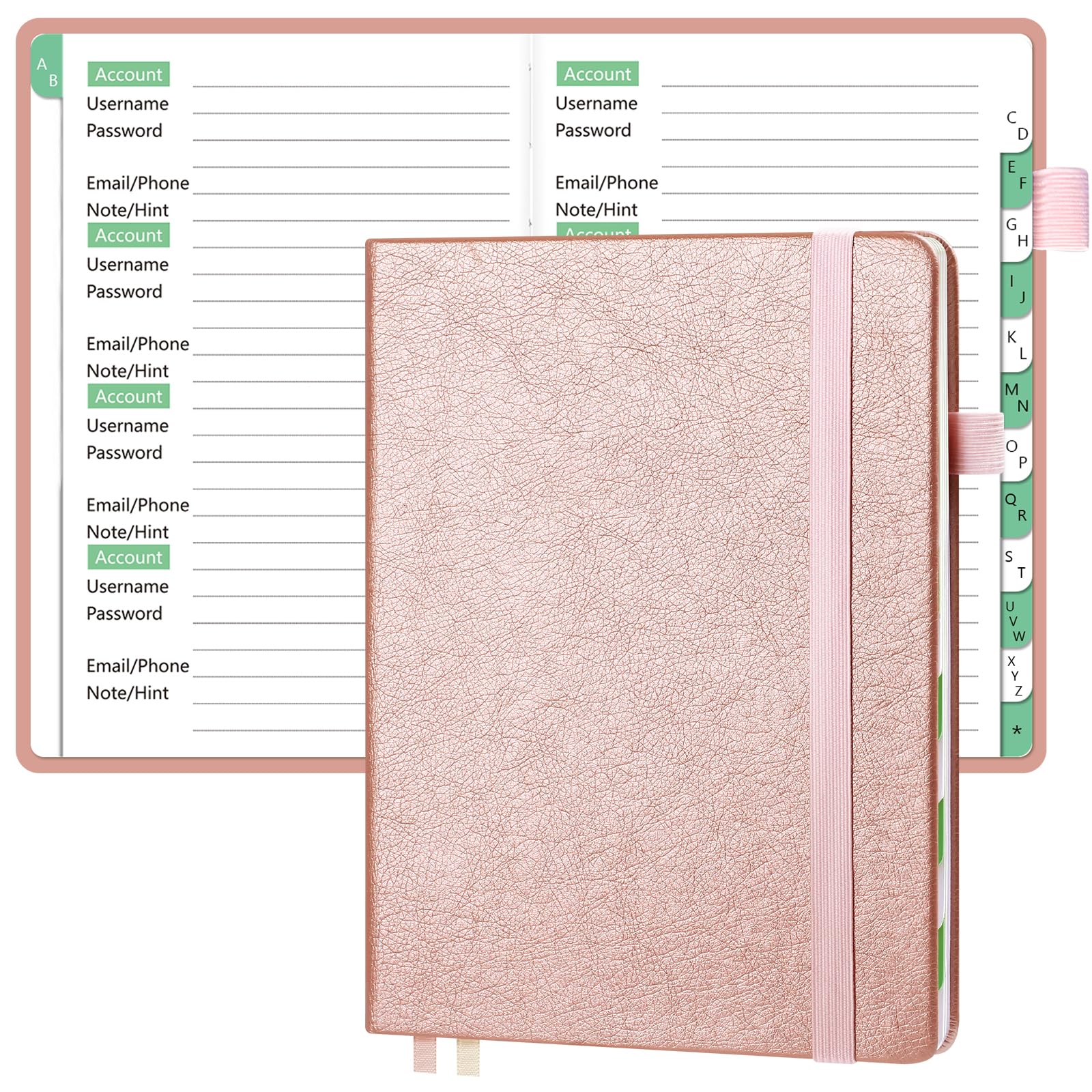 UpUGo Password Book with Alphabetical Tabs, Internet Address and Password Keeper Notebook for Computer & Website Logins, Medium Compact Size, Rose Gold