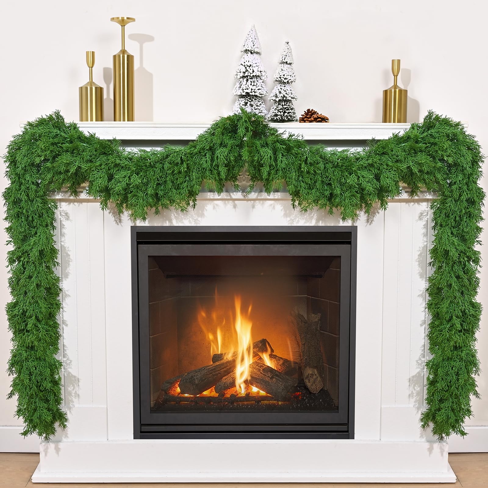 View 1 of 2 Pack 6 FT Faux Cedar Garland Realistic, Christmas Garland with Lights for Mantle, Christmas Real Touch Norfolk Pine Garland for Home Table Front Door Indoor Outdoor Christmas Decor