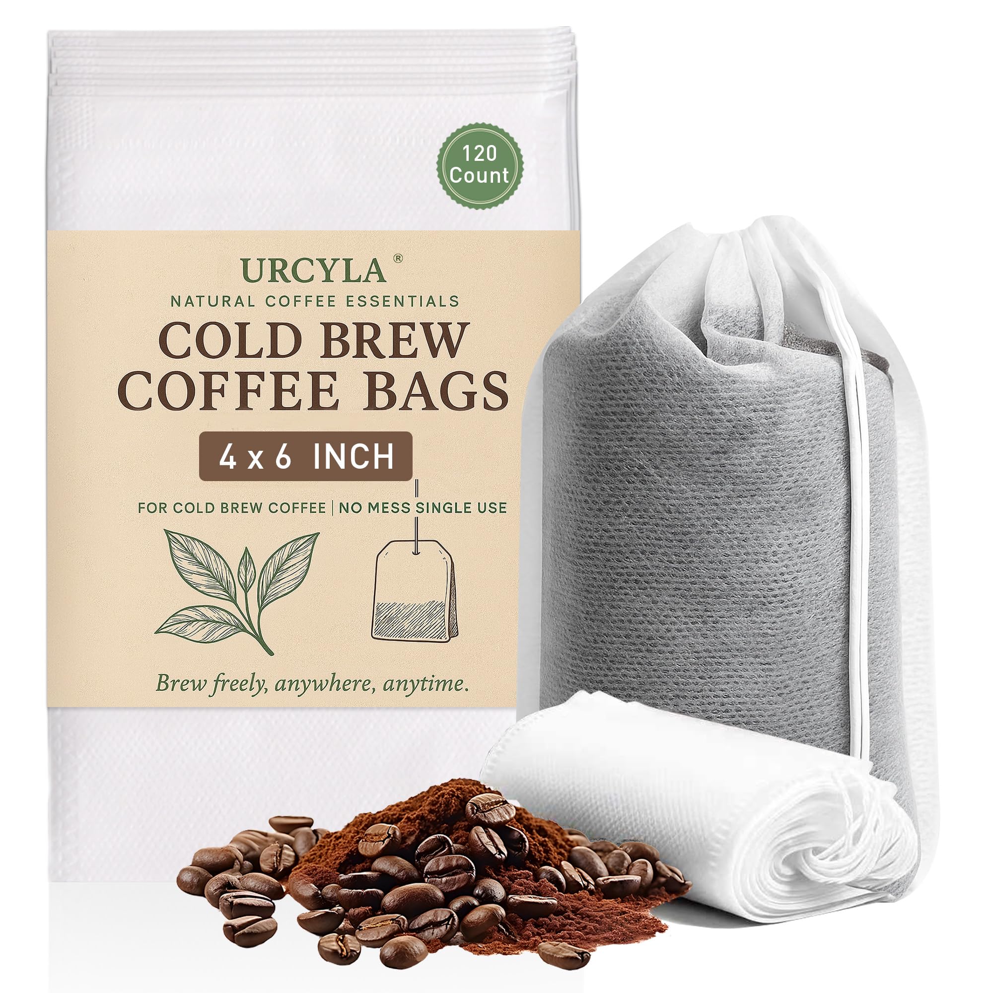 URCYLA Cold Brew Bags, 120 Count Brew Coffee Filter Bags, 4 * 6 Inch Fine Mesh Drawstring Pouches, Fits Mason Jars & French Press, Ideal for Tea, Herbs & Spices