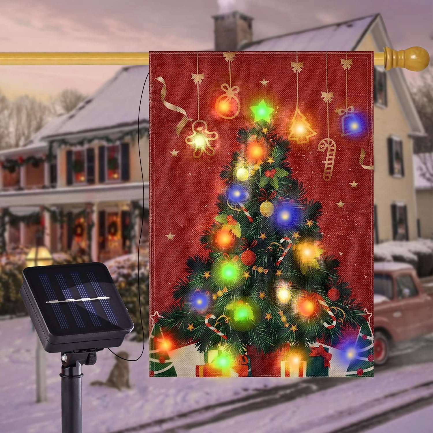 Photo 1 of FLAGMESAGE Solar LED Christmas Tree Flag, Lighted 28x40 Double Sided Merry Christmas Flag for Outdoor Yard Garden Lawn House Decoration