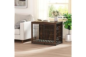 Megidok Wooden Dog Crate Furniture with Cushion,Medium Dog Crate End Table with Tray, Double Doors Kennels Indoor (32" L*22" W*26" H, Rustic Style)