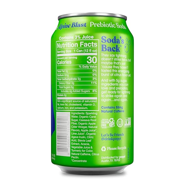 POPPI SPARKLING PREBIOTIC SODA BEVERAGE WITH APPLE CIDER VINEGAR, SELTZER WATER AND FRUIT JUICE, ALPINE BLAST FLAVOR, 12 FL OZ, 1 COUNT, PACKAGING MAY VARY