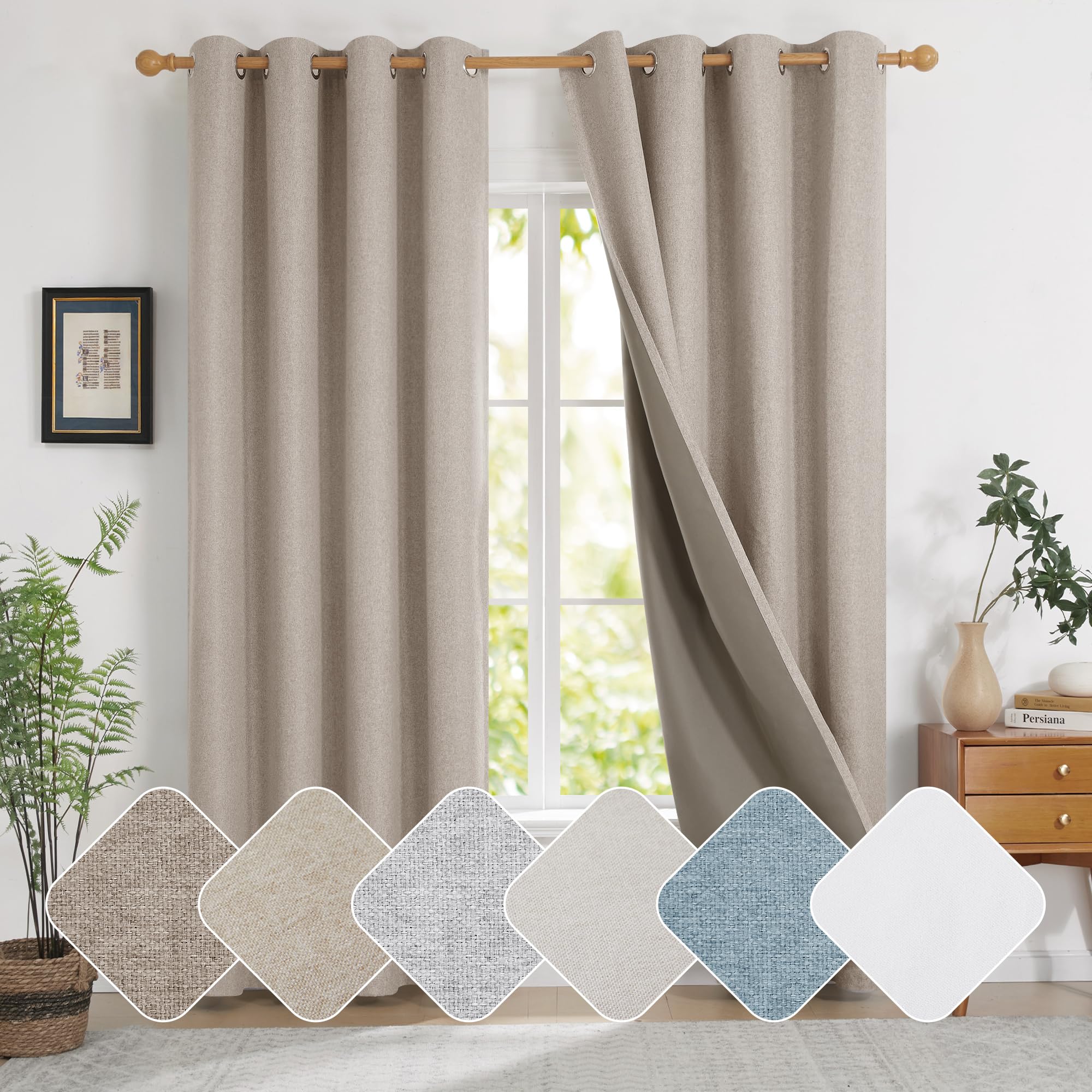 Deconovo Total Blackout Curtains with Microfiber Back Layer, Noise Reducing Faux Linen Eyelet Energy Saving Thermal Curtains for Boys Bedroom, 46 x 54 Inch, Khaki, 2 Panels