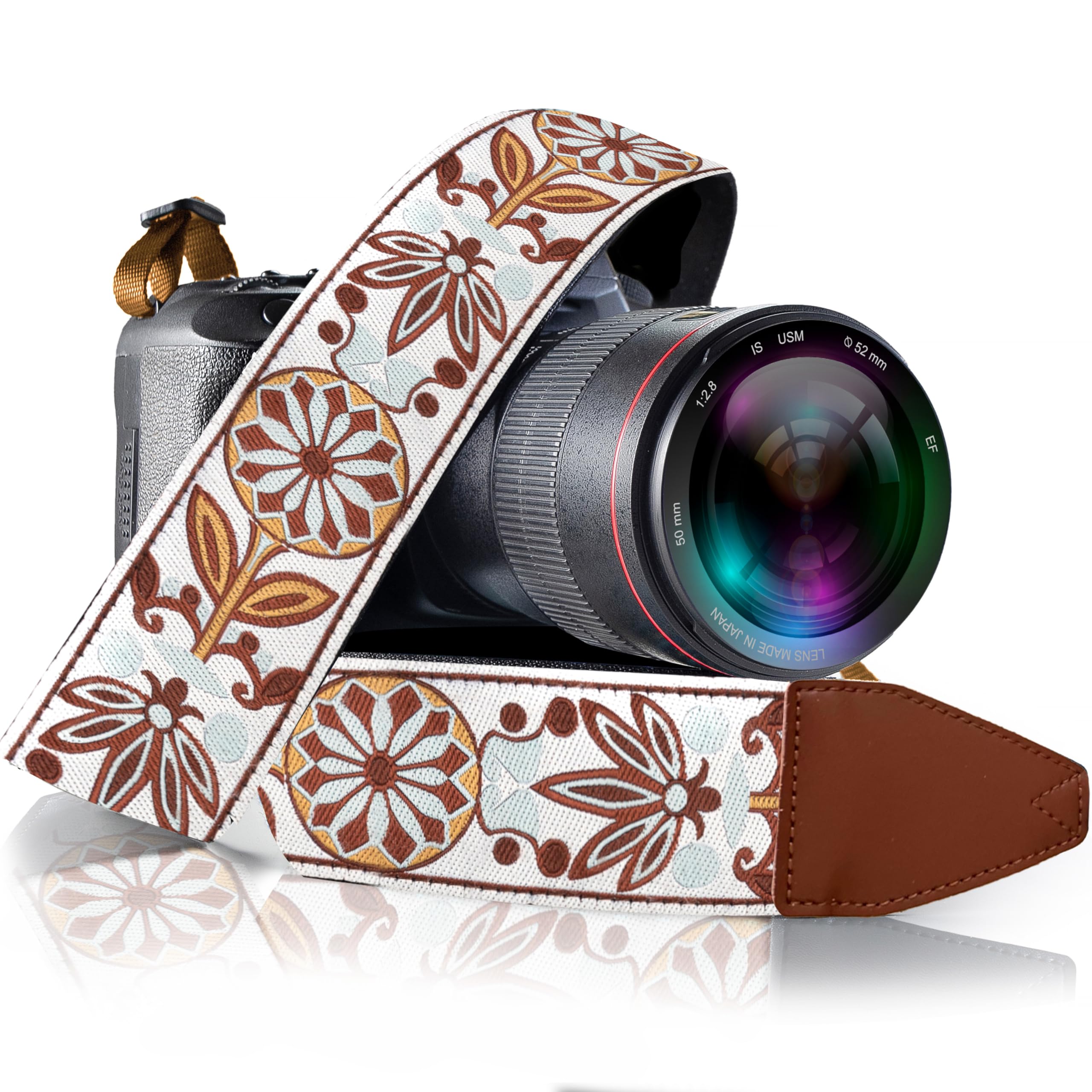 White Woven Vintage Camera Strap Belt For All DSLR Camera. Embroidered Elegant Universal DSLR Strap, Floral Pattern Neck Shoulder Camera Strap for Canon, Nikon,Pentax, Sony,Fujifilm and Digital Camera