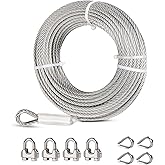 hannger 1/4 Stainless Steel Cable, 50ft Wire Rope with Wire Rope Clamps and Thimble, 6400lbs Breaking Strength, 7X19 Strands Aircraft Cable for Yard Zipline, Deck Railing, Boat Lifts