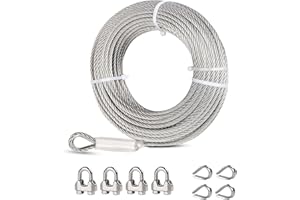 hannger 1/4 Stainless Steel Cable, 50ft Wire Rope with Wire Rope Clamps and Thimble, 6400lbs Breaking Strength, 7X19 Strands Aircraft Cable for Yard Zipline, Deck Railing, Boat Lifts