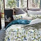 MILDLY 100% Long Staple Cotton 3pcs Queen Duvet Cover Set, Ultra Soft Yellow Green Leaves Printed Autumn Comforter Cover Set