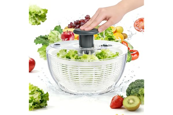 3.6L Salad Spinner, Vegetable Fruit Spinner – Compact Push & Spin Cleaner and Dryer with One-Button Stop, Clear Space-Saving
