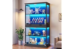 Jocoevol Display Cabinet with Glass Doors, 68'' Tall Curio Cabinet with RGB Lights for Collectibles, 4-Tier Glass Display Case with Human Body Sensor & 2 Drawers for Living/Game Room, Black