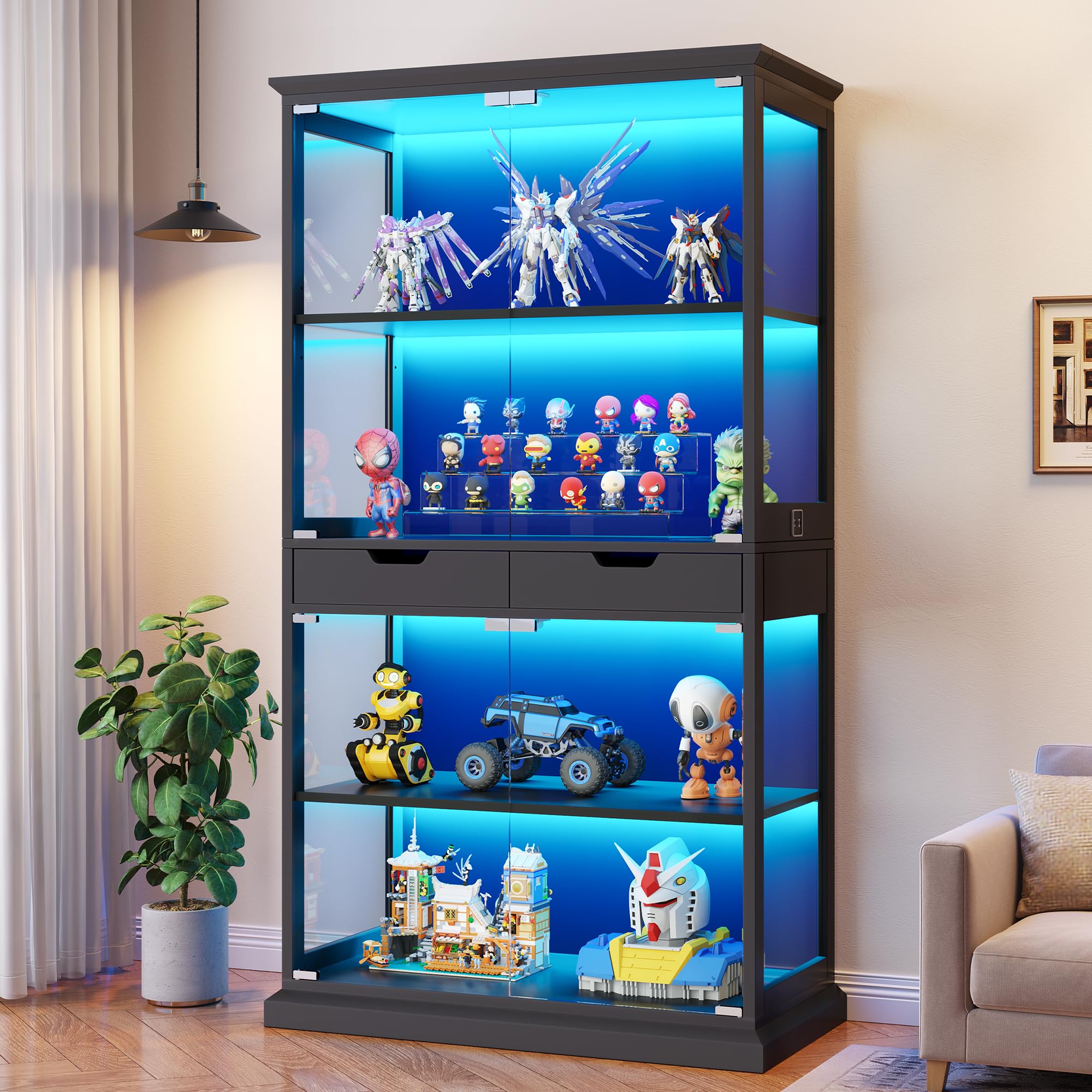 Jocoevol Display Cabinet with Glass Doors, 68'' Tall Curio Cabinet with RGB Lights for Collectibles, 4-Tier Glass Display Case with Human Body Sensor & 2 Drawers for Living/Game Room, Black