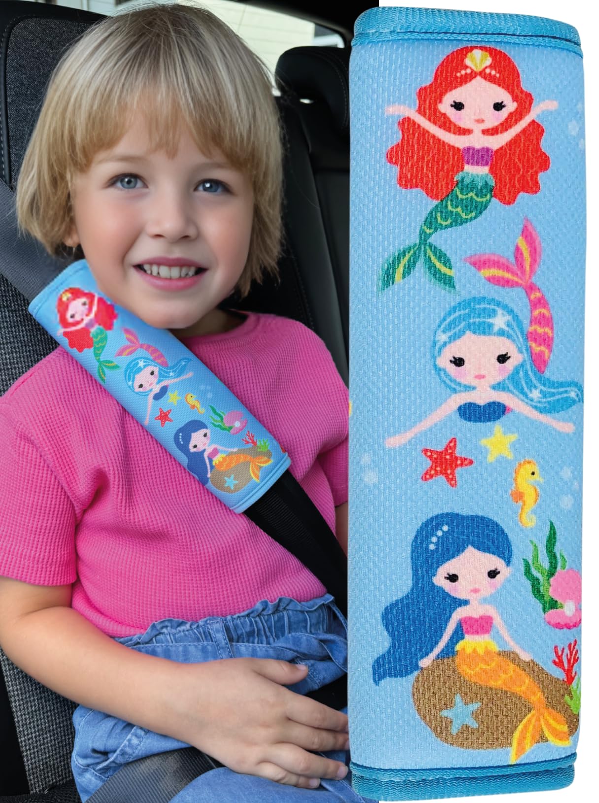 HECKBO 1x Kids Car Seat Belt Pads Seat Belt Protectors - Mermaid - Seat Belt Pads for Kids and Babies- Ideal for Any Seat Belt Car Booster Seat Kids Bicycle