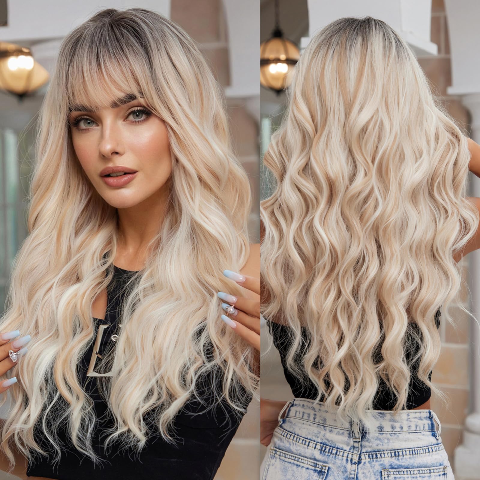 WOKESTAR Long Wavy Blonde with Highlights Wigs for Women, Heat Resistant Natural Hair with Fringe — image 1