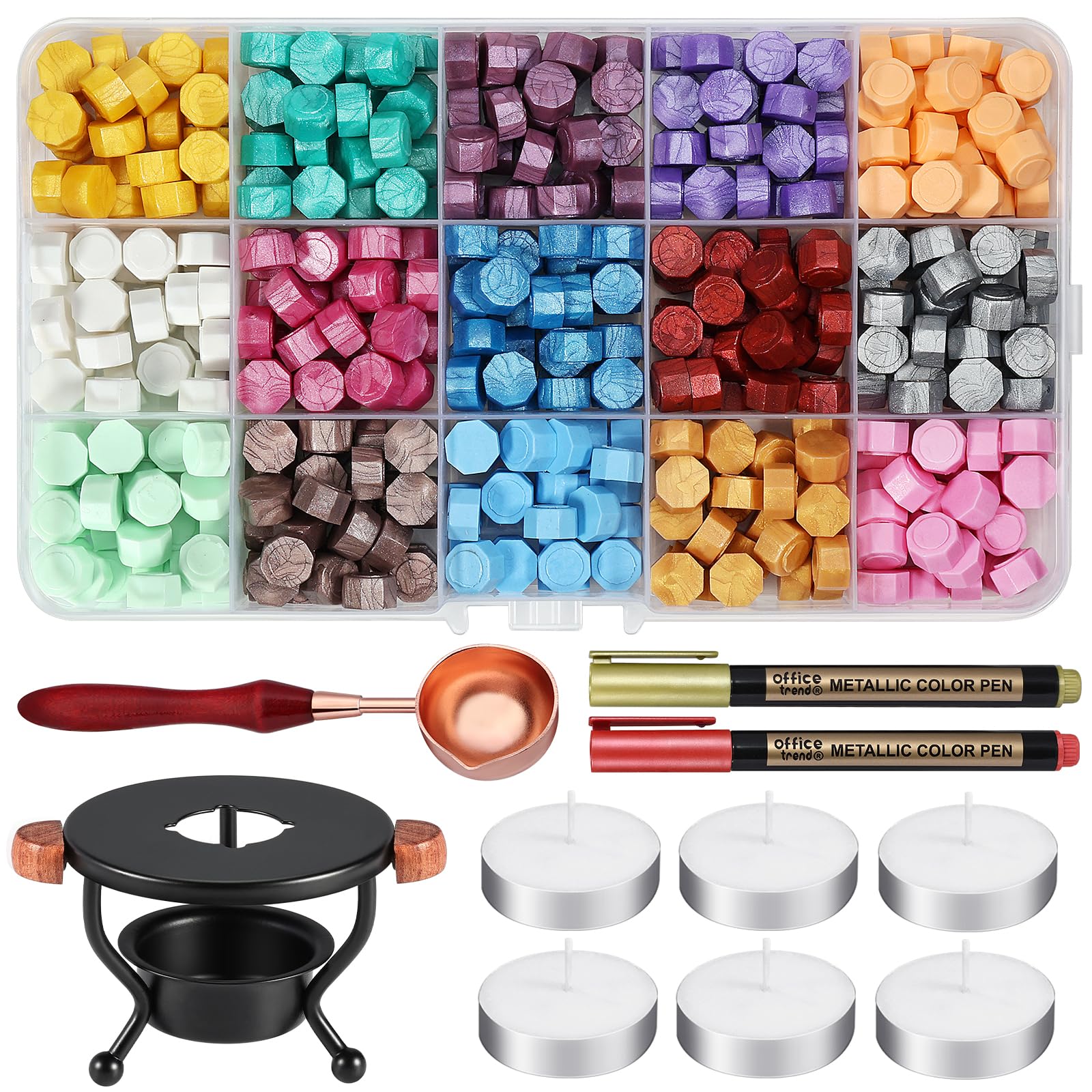 310Pcs Wax Seal Kit, WEWINK PLUS Sealing Wax Beads Set with Warmer, Melting Spoon, 6Pcs Candles,2Pcs Metallic Pens for Vintage Envelopes Letters Crafts, Decoration, 15 Colors