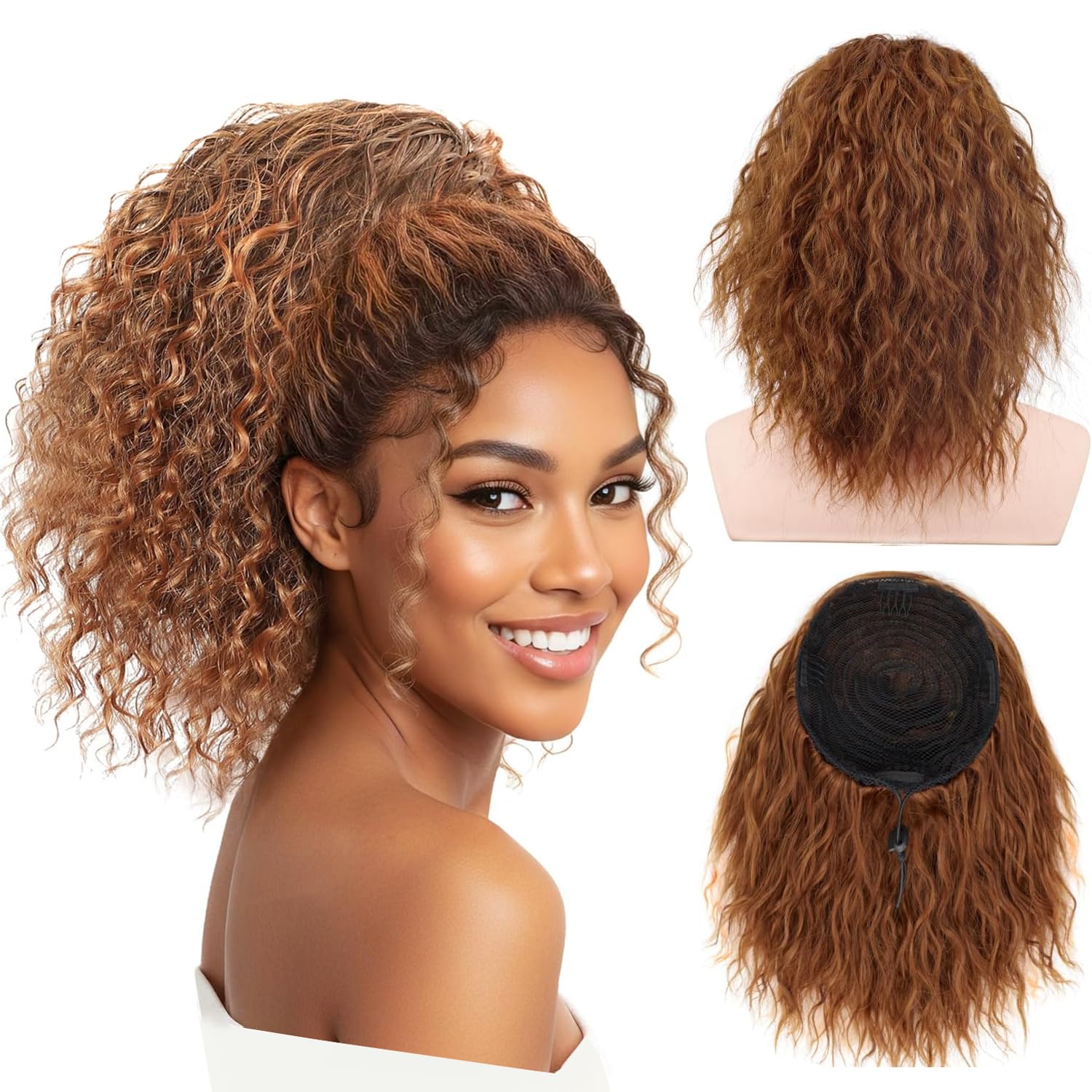 PORSMEER Wavy Curly Ponytail Extension,10 inch Ginger Brown Drawstring Ponytail for Women Ladies Short Soft Natural Synthetic Hairpiece High Pony Hair Bun For Daily Use/Party