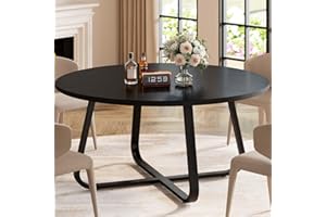 LVB 51 Inch Black Round Dining Table, Modern Wood Metal Kitchen Table, Industrial Small Dinner Room for 4 to 6 People, Circle Coffee Dining Room for Home Kitchen Living Room, Black Oak