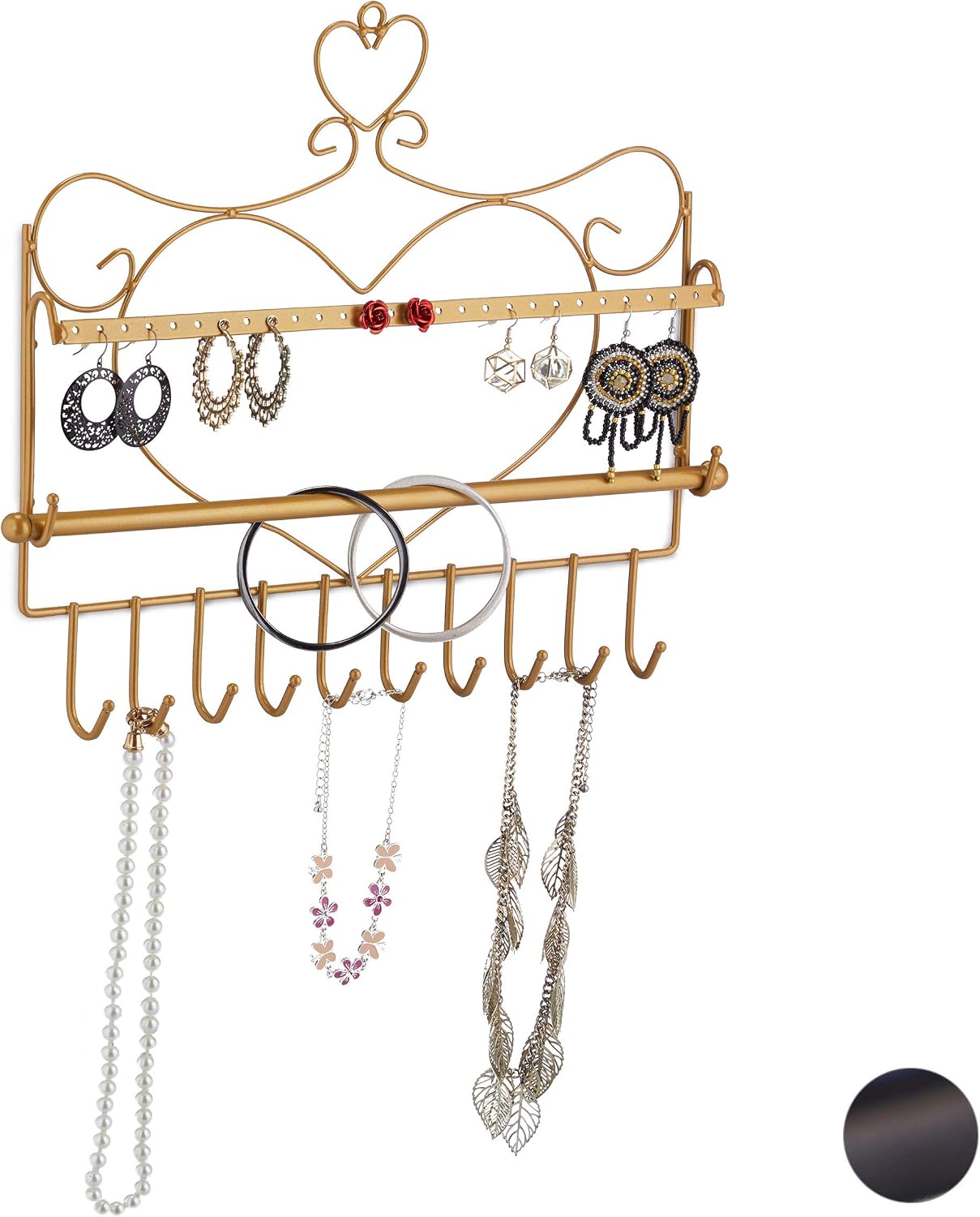 Relaxdays Jewellery Wall Rack, Necklaces, Earrings & Bracelets, Heart Shape, H x W x D 30 x 36.5 x 3.5 cm, Iron, Gold