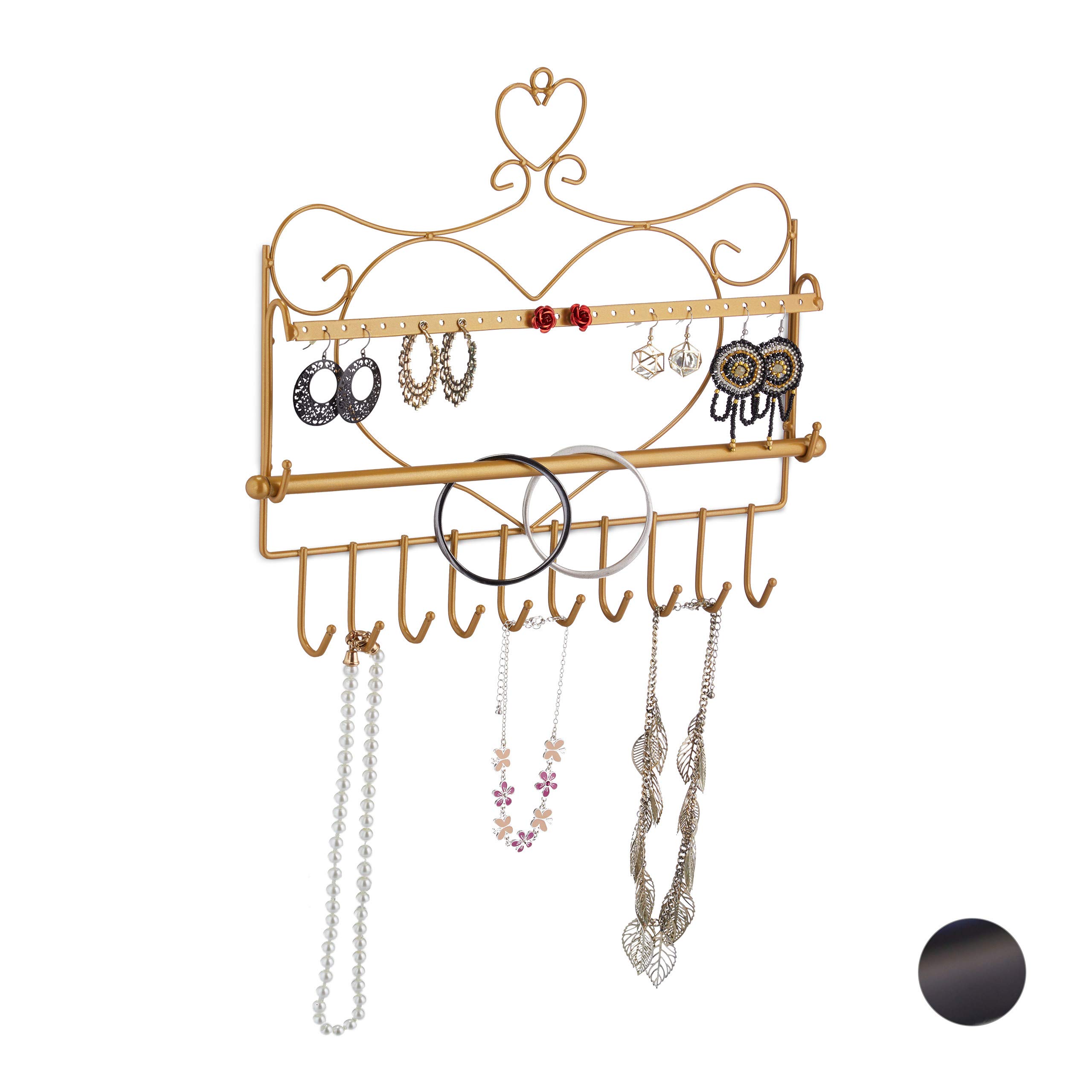 Relaxdays Jewellery Wall Rack, Necklaces, Earrings & Bracelets, Heart Shape, H x W x D 30 x 36.5 x 3.5 cm, Iron, Gold