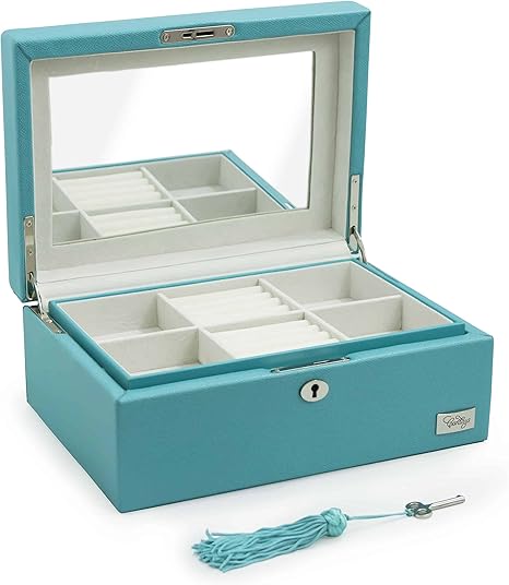 Amazon Cordays 全幅ミラー付きスムースレザーレットに包まれた手作りの木製ジュエリーボックス ターコイズブルーcdl a インテリア オンライン通販