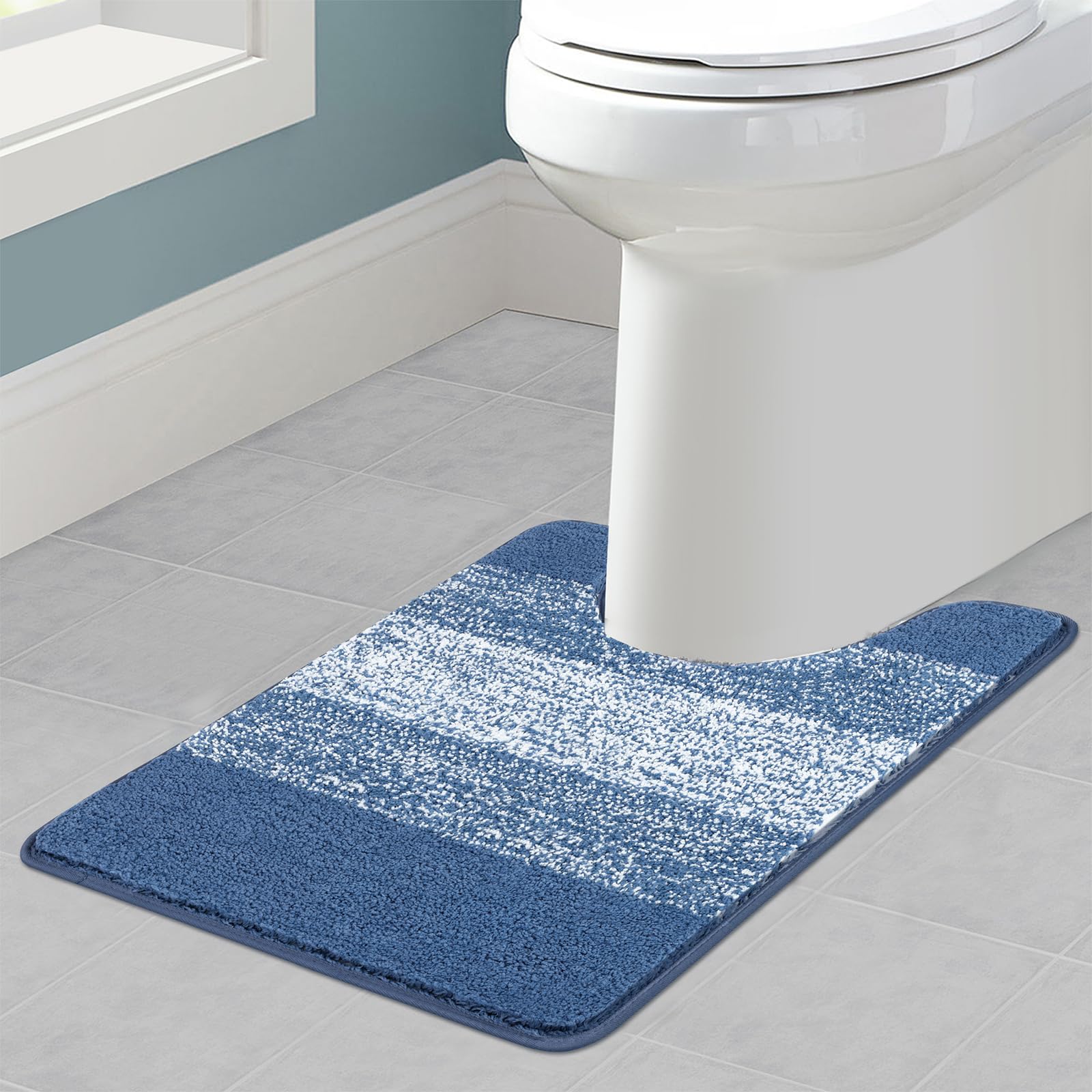 Enyhom U Shape WC Toilet Mat 50 x 60 cm, Ultra Soft Non Slip Pedestal Mat for Toilet Absorbent Washable Bathroom Toilet Rug Bath Mat, Blue