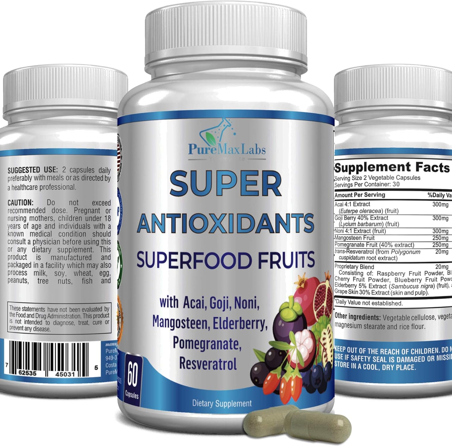 Super Antioxidant Fruit Superfood Complex 60 Capsules, Powerful Antioxidant Superfruits, Acai, Goji, Noni, Mangosteen, Pomegranate, Elderberry, Resveratrol, Immune Support, Skin Care