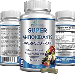 Super Antioxidant Fruit Superfood Complex 60 Capsules, Powerful Antioxidant Superfruits, Acai, Goji, Noni, Mangosteen, Pomegranate, Elderberry, Resveratrol, Immune Support, Skin Care
