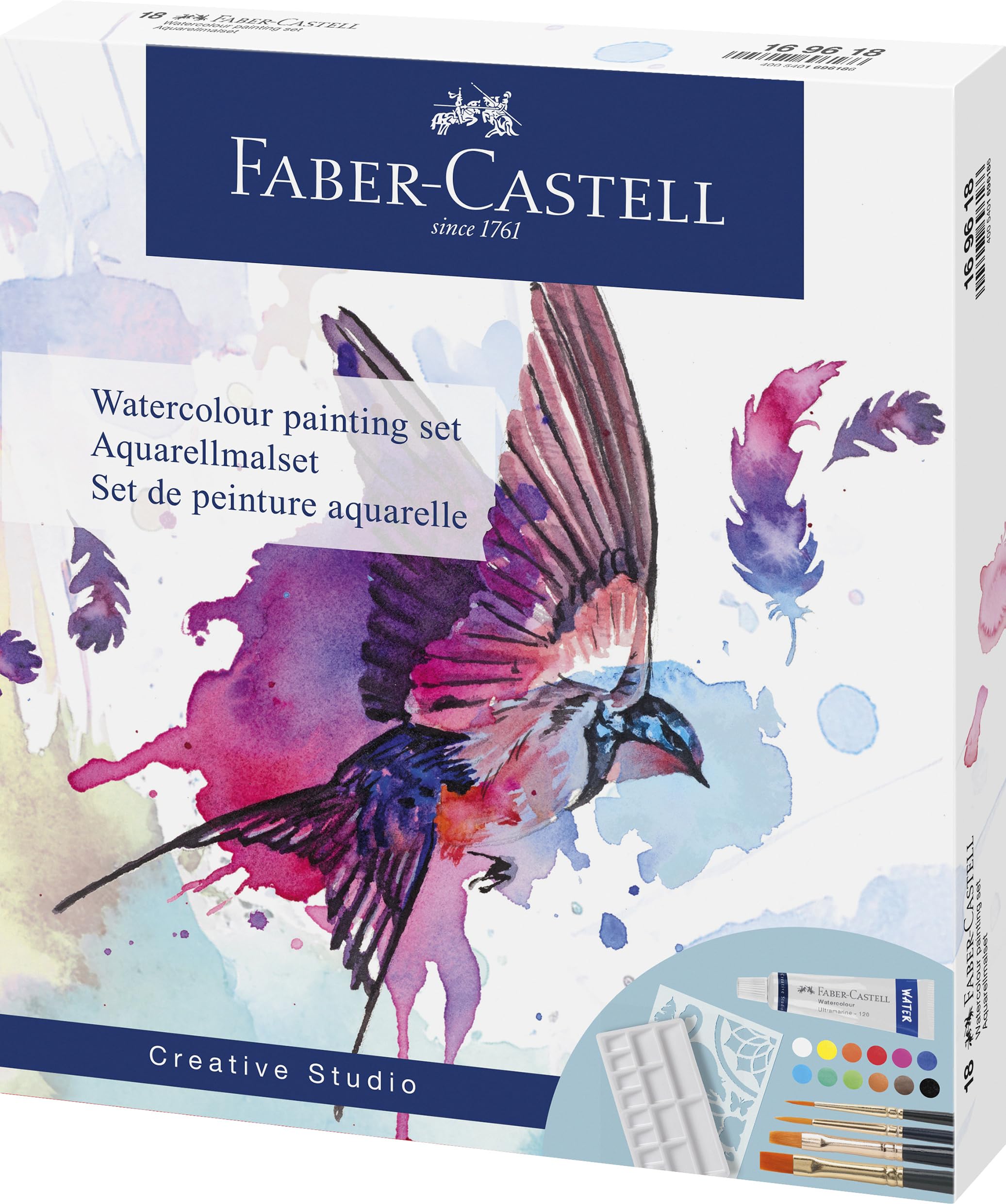 Faber-Castell 169618 Watercolour Paint Set 18 Pieces with 12 Paint Tubes, 4 Watercolour Brushes, Mixing Palette and Stencil