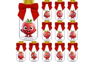 Ethisa 12 Pack Strawberry Party Favors - DIY Candy Jars with Ribbons and Sticker - Party Decoration Bottles for Berry First B