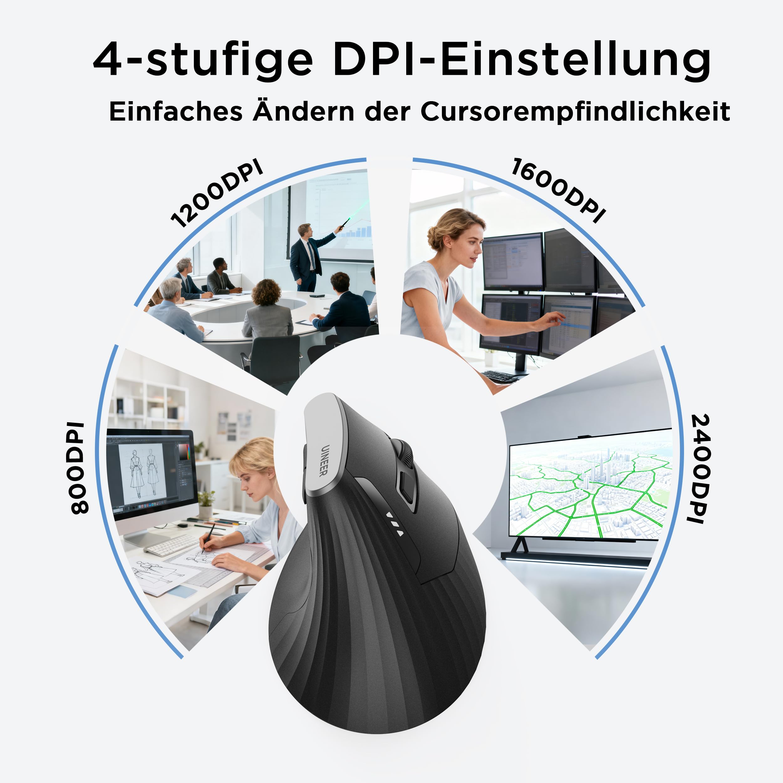 Uineer kabellose Maus, Multi-Device Tri-Mode Maus, sichtbare Leistungsstufe (2.4G+BT4.0/BT5.0) Wiederaufladbare Wireless Mouse, 4 einstellbare DPIs, 6 Tasten, für Laptop, Desktop, PC (Schwarz) 6