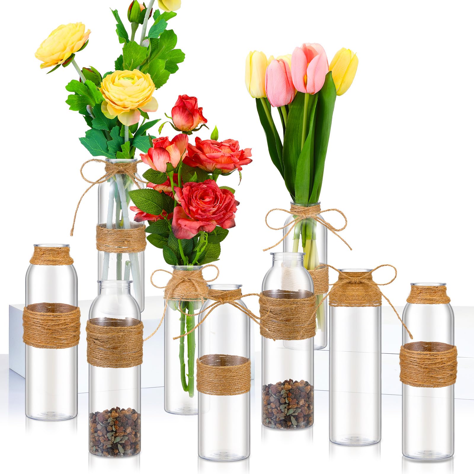 Photo 1 of Plastic Baderke 12 Pcs Plastic Vases with 24 Ropes, Centerpieces Bulk Buds Wedding Decorations Mini Vintage Floral Vases for Home Tables Living Room Office Decoration Housewarming Gift (Cylinder)