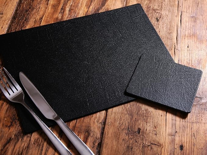 Platzdecken und Untersetzer, je 6 Stück, echtes Kunsthandwerk, schwarze Lederbespannung, hergestellt im Vereinigten Königreic