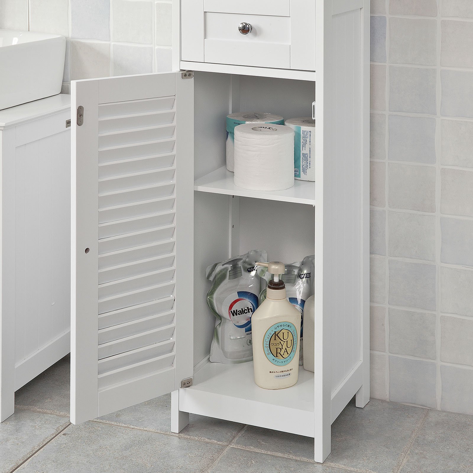 Haotian White Floor Standing Tall Bathroom Storage Cabinet With