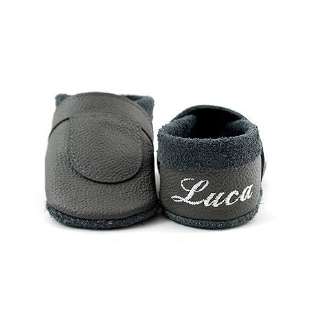 little foot company® 6922 Krabbelschuhe Babyschuhe Lauflernschuhe mit Namensstickerei Basic weiches Leder steingrau 20/21 ca.