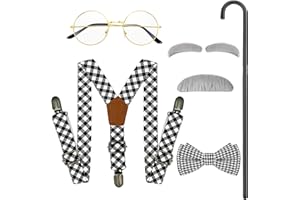 Horolam Kids Old Man Costume, Kids 100 Days of School Costume for Boys with Fake Beard Eyebrow Walking Cane Glasses Suspender