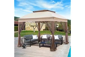 INTER HUT 11x11 Outdoor Pop up Gazebo Tent with Mesh Walls for Patio, Lawn, Backyard and Deck, Beige